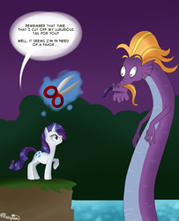 Size: 856x1053 | Tagged: safe, artist:musapan, rarity, steven magnet, pony, sea serpent, unicorn, friendship is magic, hilarious in hindsight, magic, scissors, telekinesis