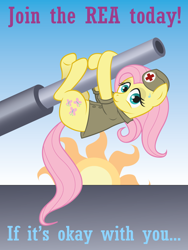 Size: 1200x1600 | Tagged: safe, artist:anders-art, fluttershy, pegasus, pony, clothes, gun, hat, poster, solo, text, uniform, weapon