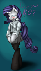 Size: 1020x1752 | Tagged: safe, artist:synad, rarity, anthro, bipedal, blushing, no, pantyhose, skirt, text