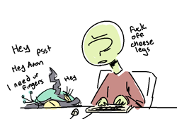 Size: 726x492 | Tagged: safe, artist:nobody, queen chrysalis, oc, oc:anon, changeling, changeling queen, human, annoyed, chair, cheeselegs, clothes, computer, computer mouse, dialogue, female, keyboard, peeking, shirt, vulgar