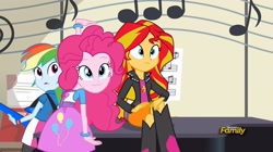 Size: 1280x718 | Tagged: safe, screencap, pinkie pie, rainbow dash, sunset shimmer, equestria girls, rainbow rocks, :3, balloon, boots, clothes, discovery family, discovery family logo, face, high heel boots, skirt