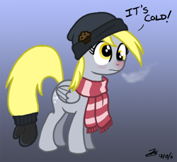 Size: 530x485 | Tagged: safe, artist:zicygomar, derpy hooves, pegasus, pony, beanie, clothes, cold, gradient background, hat, mittens, scarf, solo