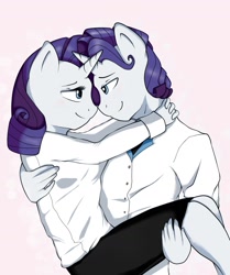 Size: 1469x1756 | Tagged: safe, artist:nolycs, elusive, rarity, anthro, carrying, eye contact, female, looking at each other, male, rarilusive, rule 63, self ponidox, selfcest, shipping, straight