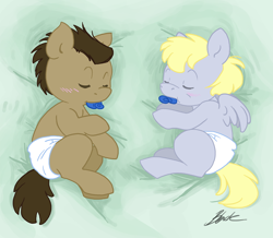 Size: 916x800 | Tagged: safe, artist:caycowa, derpy hooves, doctor whooves, pony, baby, baby pony, colt, diaper, filly, foal, pacifier, sleeping