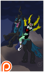 Size: 372x600 | Tagged: safe, artist:malcolmthomas, queen chrysalis, changeling, changeling queen, crossover, lord dominator, rearing, riding, this will not end well, wander over yonder