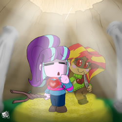 Size: 800x800 | Tagged: safe, artist:sanyo2100, starlight glimmer, sunset shimmer, equestria girls, chara, charaset, counterparts, crossover, frisk, knife, spoilers for another series, stick, twilight's counterparts, undertale, undertale spoilers