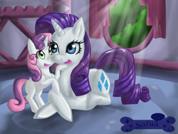 Size: 800x600 | Tagged: safe, artist:sofua, rarity, sweetie belle, pony, unicorn, duo, duo female, female, filly, mare, open mouth, sisters