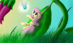 Size: 2000x1176 | Tagged: safe, artist:bronyontheway, fluttershy, parasprite, pegasus, pony, female, mare, solo