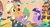 Size: 758x410 | Tagged: safe, derpibooru import, screencap, applejack, spike, twilight sparkle, unicorn twilight, dragon, earth pony, pony, unicorn, season 2, secret of my excess, birthday, book, female, golden oaks library, grimace, hat, hub logo, hug, library, male, mare, one eye closed, out of context, party, party hat, trio