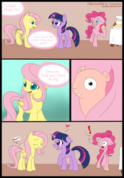 Size: 700x1000 | Tagged: safe, artist:funnyfany, derpibooru import, fluttershy, pinkie pie, twilight sparkle, unicorn twilight, earth pony, pegasus, pony, unicorn, :t, cake, comic, crossover, eating, exclamation point, eyes closed, floppy ears, food, frown, heart, hoof hold, looking back, meep, meepit, neopets, one eye closed, open mouth, petpet, shocked, smiling, wide eyes, wink