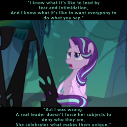 Size: 704x704 | Tagged: safe, edit, edited screencap, screencap, queen chrysalis, starlight glimmer, changeling, changeling queen, pony, unicorn, to where and back again, caption, changeling hive, cropped, female, leadership, looking up, shadow, sitting, spread wings, talking, text, wisdom