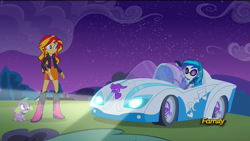 Size: 1920x1080 | Tagged: safe, screencap, dj pon-3, sunset shimmer, vinyl scratch, equestria girls, rainbow rocks, bassmobile, discovery family, discovery family logo