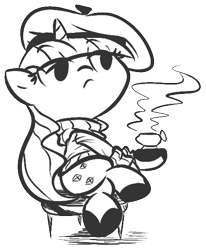 Size: 450x547 | Tagged: safe, artist:tess, rarity, pony, unicorn, beatnik rarity, beret, clothes, coffee, hat, monochrome, solo, sweater