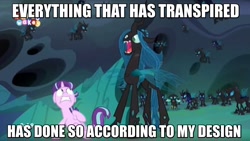 Size: 1657x934 | Tagged: safe, edit, edited screencap, screencap, queen chrysalis, starlight glimmer, thorax, changeling, changeling queen, pony, unicorn, to where and back again, baneposting in the comments, caption, changeling guard, emperor palpatine, female, image macro, meme, return of the jedi, star wars