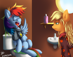 Size: 1400x1080 | Tagged: safe, artist:datponypl, derpibooru import, applejack, rainbow dash, earth pony, pegasus, pony, clothes, drawfag, duo, friends, messy mane, pajamas, parody, shirt, sleeping, t-shirt, toilet