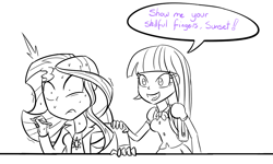 Size: 1000x600 | Tagged: safe, artist:spacekingofspace, sunset shimmer, twilight sparkle, twilight sparkle (alicorn), alicorn, equestria girls, accidental innuendo, cringing, dialogue, double entendre, female, fingers, implying, innuendo, not dirty, open mouth, pen, smiling, speech bubble, sweat