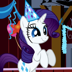 Size: 700x700 | Tagged: safe, rarity, pony, unicorn, velociraptor, balloon, cute, hat, party hat, smiling, velocirarity