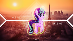 Size: 1920x1080 | Tagged: safe, artist:antylavx, artist:osipush, edit, starlight glimmer, pony, unicorn, city, glow, glowing horn, magic, paris, sun, vector, wallpaper, wallpaper edit