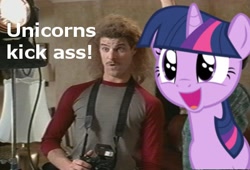 Size: 400x272 | Tagged: safe, derpibooru import, edit, twilight sparkle, human, pony, caption, irl, matt stone, orgazmo, photo, ponies in real life, swearing, vector