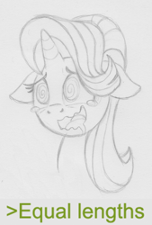 Size: 776x1145 | Tagged: safe, artist:lockerobster, starlight glimmer, pony, unicorn, equality, expand dong, exploitable meme, floppy ears, meme, monochrome, pencil drawing, sketch, solo, traditional art, wavy mouth