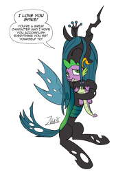 Size: 960x1280 | Tagged: safe, artist:zoarvek, queen chrysalis, spike, changeling, changeling queen, dragon, cheese whiz, dialogue, eyes closed, hug, mouthpiece, open mouth, out of character, simple background, sitting, smiling, spikelove, transparent background