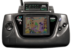 Size: 550x386 | Tagged: safe, derpibooru import, edit, applejack, spike, twilight sparkle, dragon, earth pony, pony, game console, photo, sega, sega game gear, tv tuner