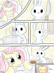 Size: 1408x1920 | Tagged: safe, artist:macchiatojolt, angel bunny, fluttershy, pegasus, pony, caring for the sick, carrot, comic, cooking, ice pack, knife, sick