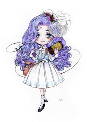 Size: 498x691 | Tagged: safe, artist:sealet, artist:soft-boil, rarity, chibi, clothes, dress, humanized, needle, solo, string, vest