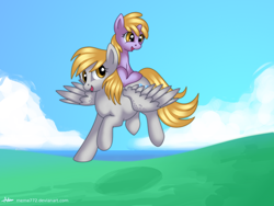 Size: 800x600 | Tagged: safe, artist:meme772, derpy hooves, dinky hooves, pegasus, pony, female, flying, mare