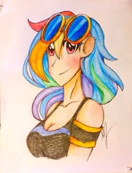 Size: 1024x1337 | Tagged: safe, artist:artfrog75, derpibooru import, rainbow dash, human, clothes, goggles, humanized, solo, traditional art