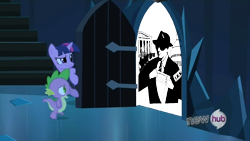 Size: 854x480 | Tagged: safe, derpibooru import, spike, twilight sparkle, dragon, pony, unicorn, door, exploitable meme, female, horn, hub logo, irs, male, mare, meme, multicolored mane, open mouth, purple coat, stairs, the scary door