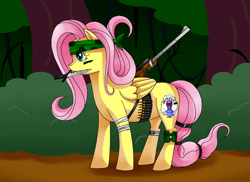 Size: 3510x2550 | Tagged: safe, artist:manhunterj, fluttershy, pegasus, pony, badass, flutterbadass, gun, headband, high res, knife, war paint, weapon