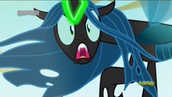 Size: 1920x1080 | Tagged: safe, screencap, queen chrysalis, changeling, changeling queen, to where and back again, discovery family logo, female, furious, hissing, solo