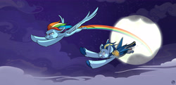 Size: 6607x3187 | Tagged: safe, artist:kez, derpibooru import, rainbow dash, oc, oc:over clock, pegasus, pony, duo, flying, full moon, jet engine, moon, night, rainbow trail