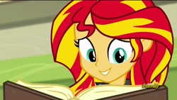 Size: 1920x1080 | Tagged: safe, screencap, sunset shimmer, equestria girls, rainbow rocks, book, discovery family logo, journey book, smiling, solo, when she smiles