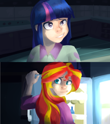 Size: 1280x1440 | Tagged: safe, artist:facerenon, sunset shimmer, twilight sparkle, twilight sparkle (alicorn), alicorn, equestria girls, rainbow rocks, clothes, humanized, pajamas, scene interpretation, smiling, smirk