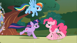 Size: 1366x768 | Tagged: safe, derpibooru import, screencap, pinkie pie, rainbow dash, twilight sparkle, earth pony, pegasus, pony, swarm of the century