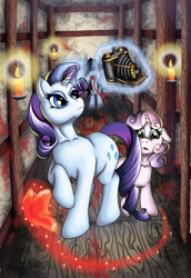 Size: 1072x1560 | Tagged: safe, artist:cbs, rarity, sweetie belle, butterfly, pony, unicorn, blood, camera, crimson butterfly, crossover, fatal frame, hanging (by neck), noose