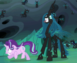 Size: 621x508 | Tagged: safe, screencap, queen chrysalis, starlight glimmer, thorax, changeling, changeling queen, pony, unicorn, to where and back again, animated, changeling guard, female, gif, loop, running, running in place, scared
