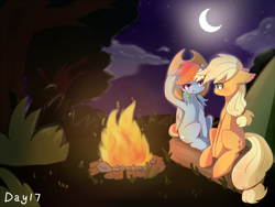 Size: 1400x1050 | Tagged: safe, artist:irenla, derpibooru import, applejack, rainbow dash, earth pony, pegasus, pony, accessory swap, appledash, campfire, camping, cowboy hat, crescent moon, female, freckles, hat, lesbian, log, mare, moon, night, shipping, sitting, stars, stetson, tent, tongue out, transparent moon