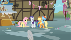 Size: 1366x768 | Tagged: safe, derpibooru import, screencap, applejack, fluttershy, rainbow dash, rarity, earth pony, pegasus, pony, unicorn, swarm of the century, friendshipping