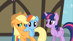 Size: 1366x768 | Tagged: safe, derpibooru import, screencap, applejack, rainbow dash, twilight sparkle, earth pony, pegasus, pony, swarm of the century, flank lean