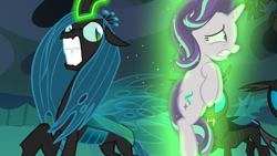 Size: 1920x1080 | Tagged: safe, screencap, queen chrysalis, starlight glimmer, changeling, changeling queen, pony, unicorn, to where and back again, angry, female, frown, glare, glowing horn, gritted teeth, levitation, magic, magic aura, mare, nose wrinkle, raised hoof, scared, telekinesis, varying degrees of want, wide eyes