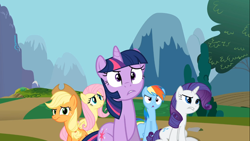 Size: 1366x768 | Tagged: safe, derpibooru import, screencap, applejack, fluttershy, rainbow dash, rarity, twilight sparkle, earth pony, pegasus, pony, unicorn, swarm of the century, confused