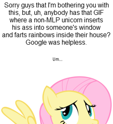 Size: 273x300 | Tagged: safe, fluttershy, pegasus, pony, female, mare, meta, pink mane, text, yellow coat