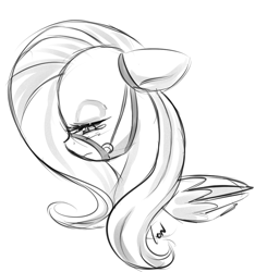 Size: 900x962 | Tagged: safe, artist:newvagabond, fluttershy, pegasus, pony, bridle, bust, crying, female, floppy ears, grayscale, looking down, mare, monochrome, profile, sad, signature, simple background, solo, white background