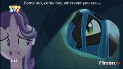 Size: 656x368 | Tagged: safe, edit, edited screencap, screencap, queen chrysalis, starlight glimmer, changeling, changeling queen, pony, unicorn, to where and back again, fear, female, hiding, image macro, meme, reference, star trek, star trek: the next generation, tiny pop, tv tropes, youtube link