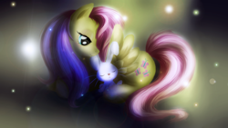 Size: 1920x1080 | Tagged: safe, artist:sh2otingstar, angel bunny, fluttershy, pegasus, pony, head turn, looking at something, prone, wallpaper