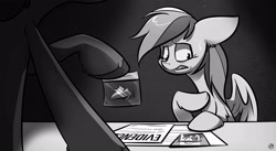 Size: 2500x1370 | Tagged: safe, artist:kez, derpibooru import, rainbow dash, rarity, pegasus, pony, unicorn, rarity investigates, evidence, hair, monochrome