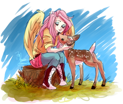 Size: 1120x950 | Tagged: safe, artist:zobobafoozle, fluttershy, deer, animal, humanized, winged humanization